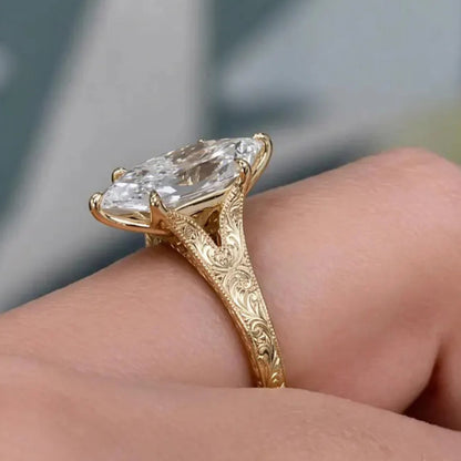Vintage 3CT Dutch Marquise Moissanite Diamond Engagement Ring,14K Solid Gold Promise Ring, Hand Engraved Split Shank Wedding Ring For Her