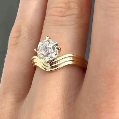 2CT Old Mine Cushion Cut Lab Grown Engagement Ring with Wavy Curved Band