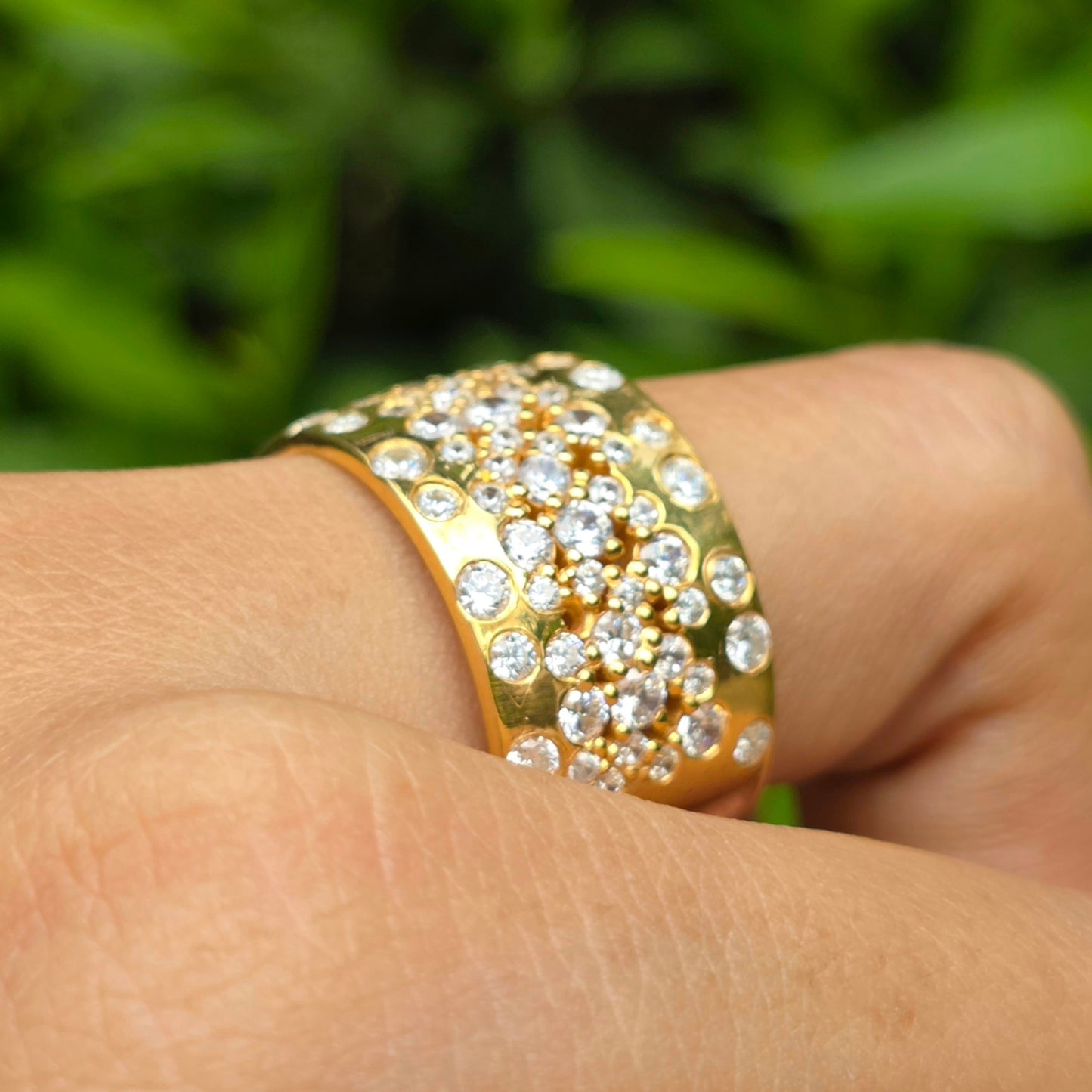 Gorgeous Round Moissanite Diamond Wide Band, Flush Set Scattered Wedding Band, 14K Solid Yellow Gold Plated Cigar Band, Cocktail Women Rings