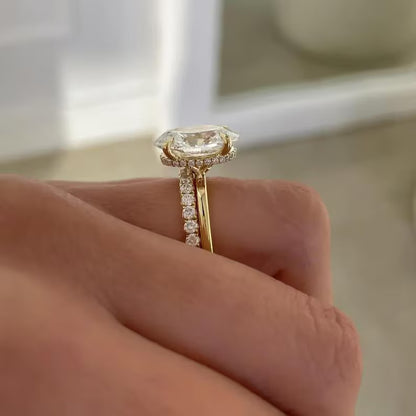 3CT Oval Moissanite Hidden Halo Ring Set Plain Gold Band