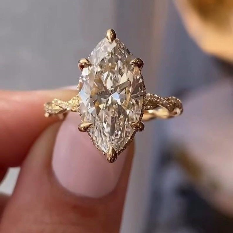 Marquise Cut Moissanite Engagement Ring - Twisted Vine Pavé Band Vintage Gold Ring