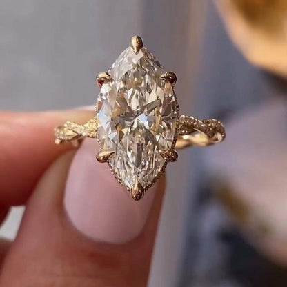 Marquise Cut Moissanite Engagement Ring - Twisted Vine Pavé Band Vintage Gold Ring