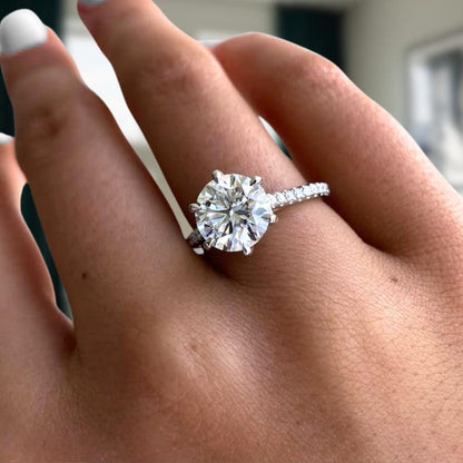Six Prong Round Cut Moissanite Engagement Ring - Cathedral Pavé Band Solitaire Ring
