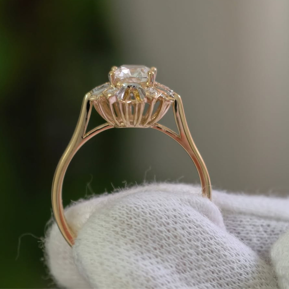 Vintage Inspired Cushion Moissanite Sunburst Halo Ring in Tri Tone Gold Ring Set
