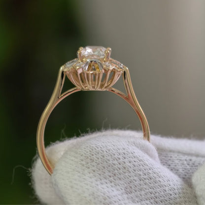 Vintage Inspired Cushion Moissanite Sunburst Halo Ring in Tri Tone Gold Ring Set