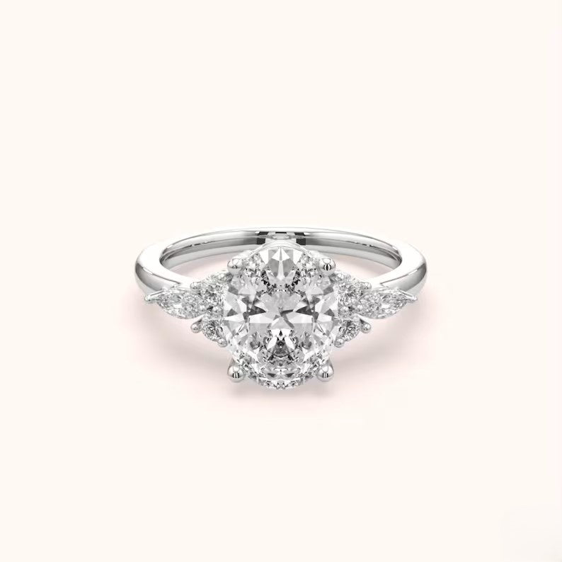 Oval Lab Grown Diamond Engagement Ring - Pear & Round Cluster Side Stone Gold Ring