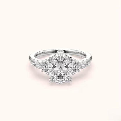 Oval Lab Grown Diamond Engagement Ring - Pear & Round Cluster Side Stone Gold Ring