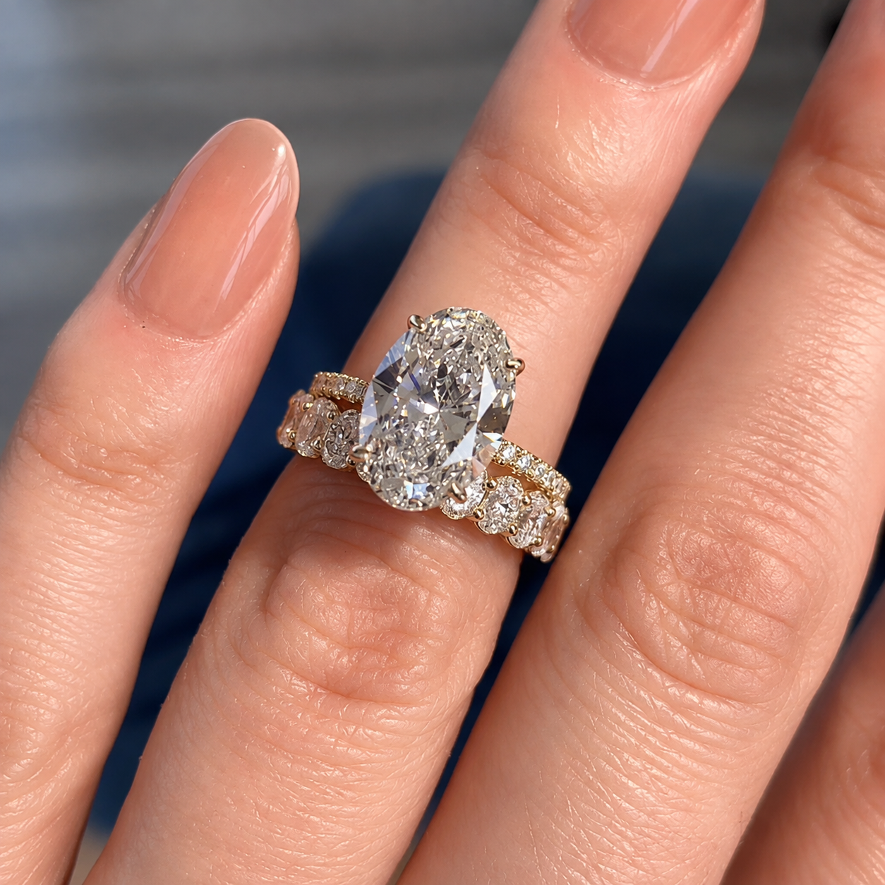 3 CT Oval Cut Moissanite Engagement Ring Set, 14K Solid Gold Ring Set, Hidden Halo Ring Set, Eternity Ring Set, Bridal / Wedding Ring Set