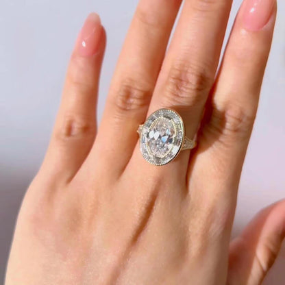 Art Deco Oval Moissanite With Halo Baguette & Round Cut Engagement Ring