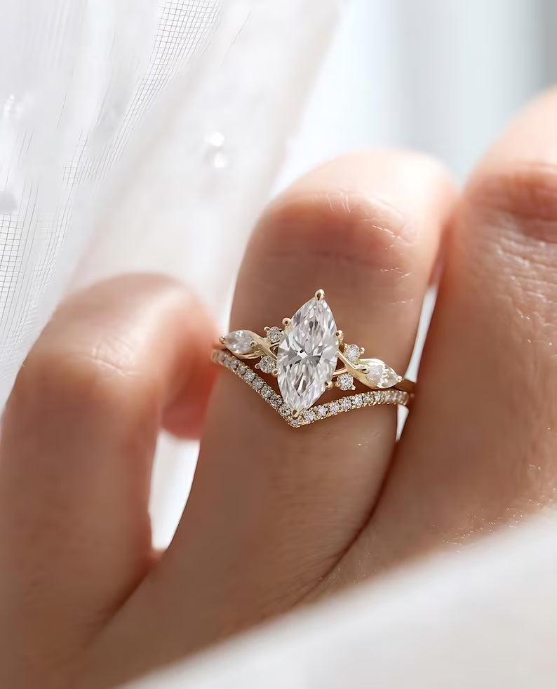 Unique Marquise Engagement Ring Matching Curved Wedding Set
