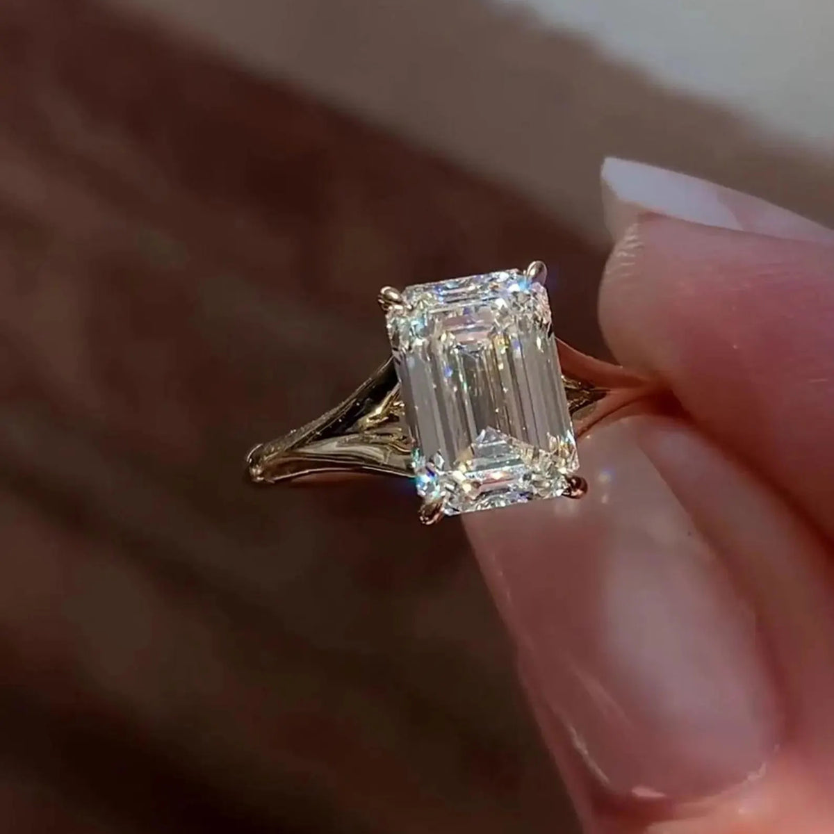 Emerald Cut Moissanite Engagement Ring with Split Shank Band