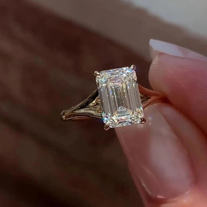 Emerald Cut Moissanite Engagement Ring with Split Shank Band