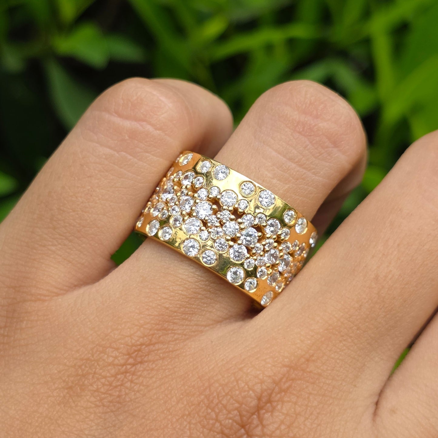 Gorgeous Round Moissanite Diamond Wide Band, Flush Set Scattered Wedding Band, 14K Solid Yellow Gold Plated Cigar Band, Cocktail Women Rings