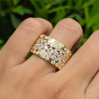 Gorgeous Round Moissanite Diamond Wide Band, Flush Set Scattered Wedding Band, 14K Solid Yellow Gold Plated Cigar Band, Cocktail Women Rings