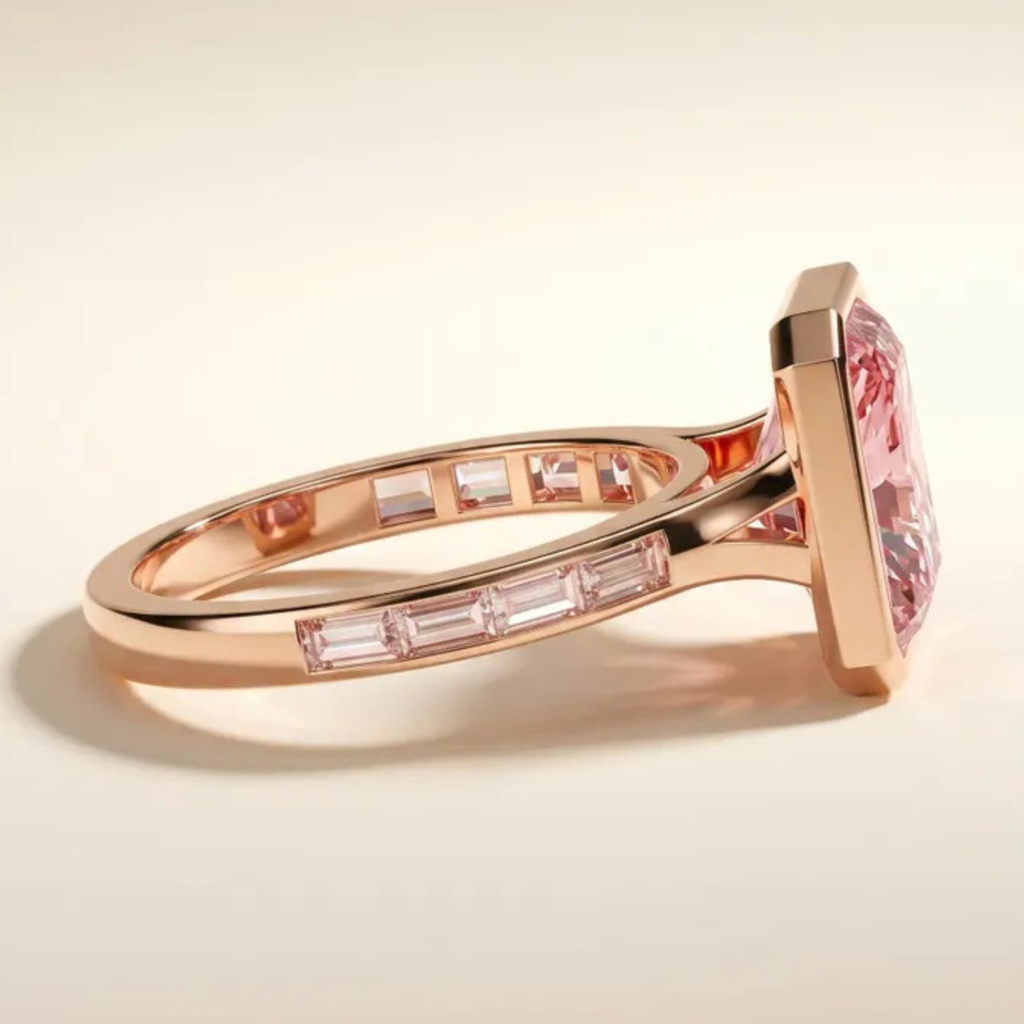 Bezel 3 CT Fancy Vivid Pink Radiant Cut Lab Diamond Engagement Ring, Side Channel Baguette Wedding Ring,14k Rose Gold IGI Certified Ring For Her