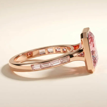 Bezel 3 CT Fancy Vivid Pink Radiant Cut Lab Diamond Engagement Ring, Side Channel Baguette Wedding Ring,14k Rose Gold IGI Certified Ring For Her