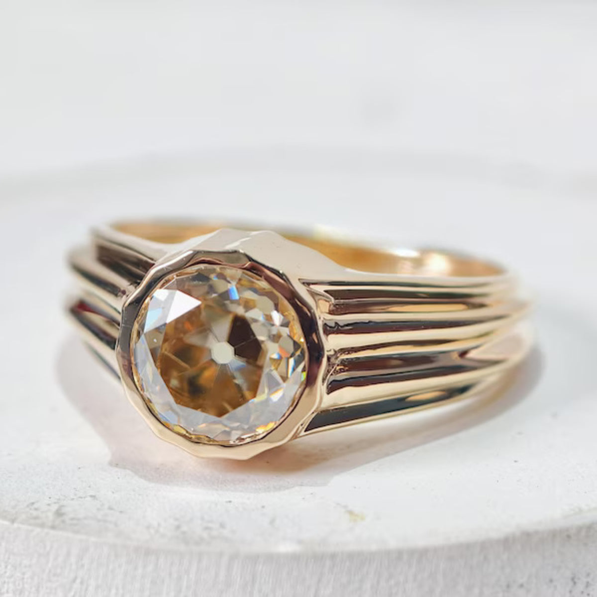 Bezel Set Old Mine European Moissanite Engagement Ring in 14K Gold