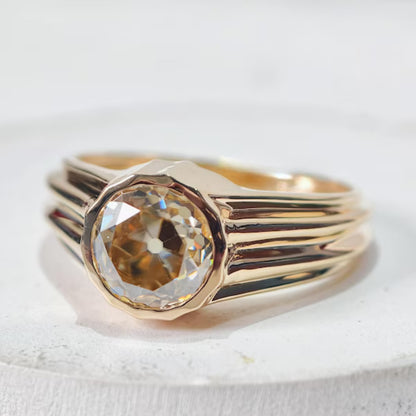 Bezel Set Old Mine European Moissanite Engagement Ring in 14K Gold