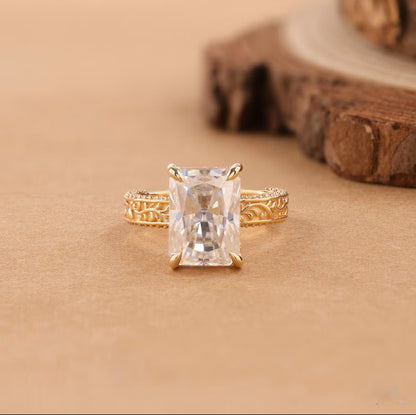 4CT Radiant Cut Moissanite Engagement Ring Vintage Engraved Gold Band