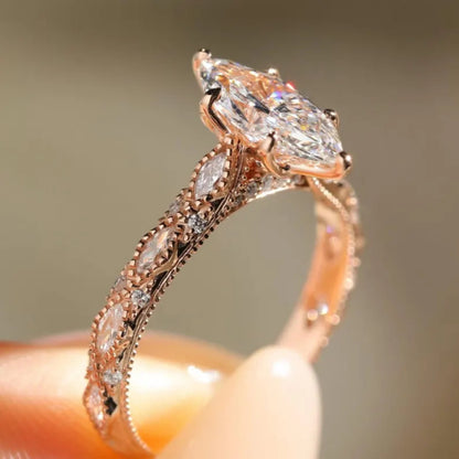 Milgrain 2 CT Marquise Moissanite Diamond Engagement Ring, Unique Art Deco Wedding Ring, Vintage 14K Rose Gold Promise Ring, Proposal Ring for Her