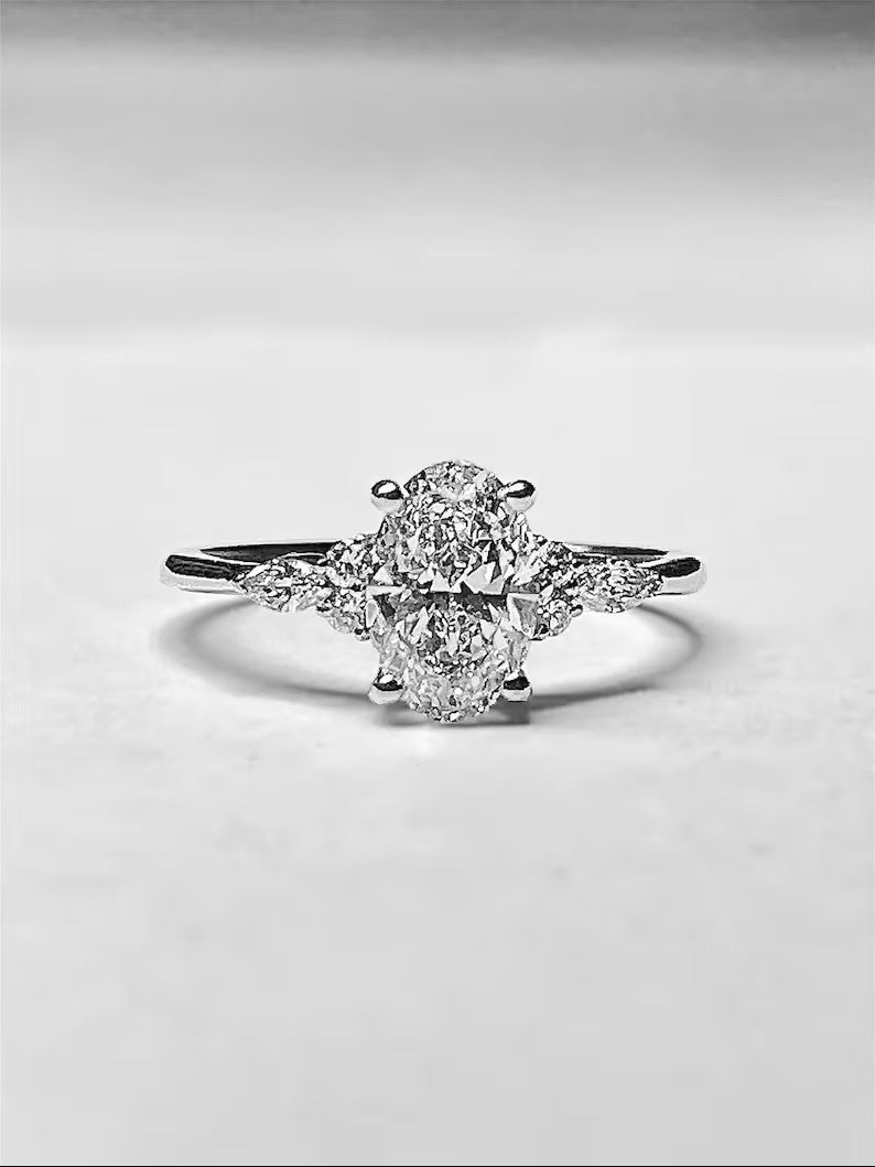 Oval Lab Grown Diamond Engagement Ring - Pear & Round Cluster Side Stone Gold Ring