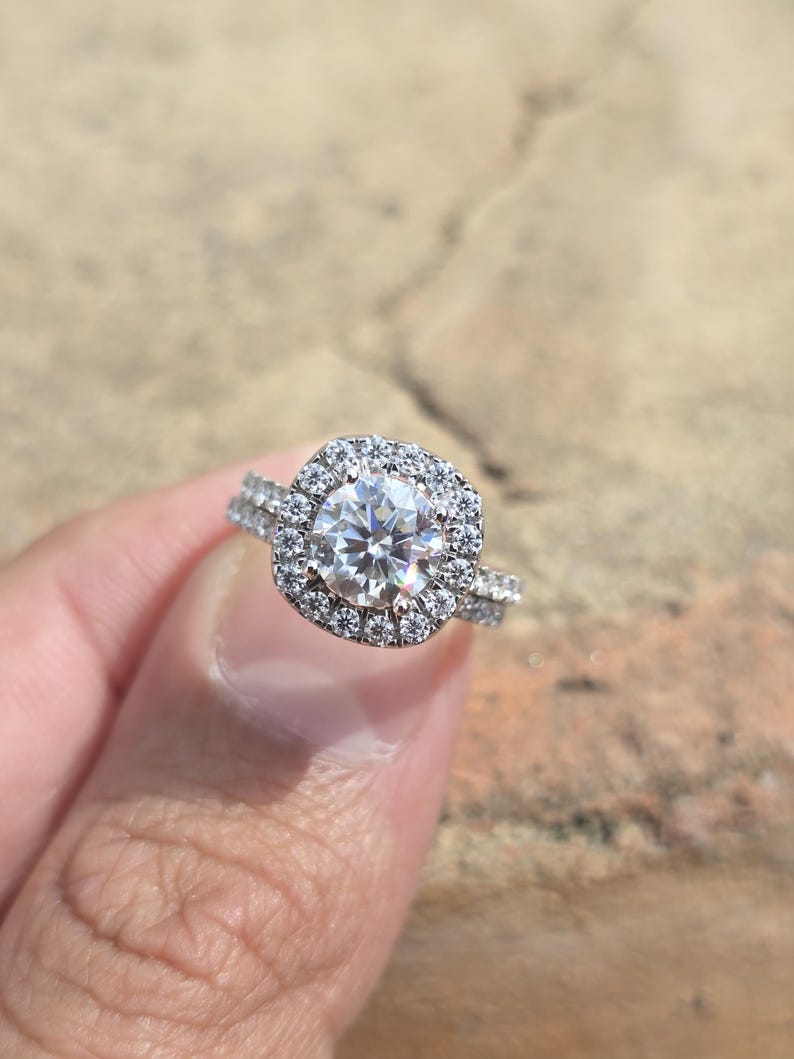 Round Cut Moissanite Cushion Halo Engagement Ring Set - Pavé Band Bridal Set