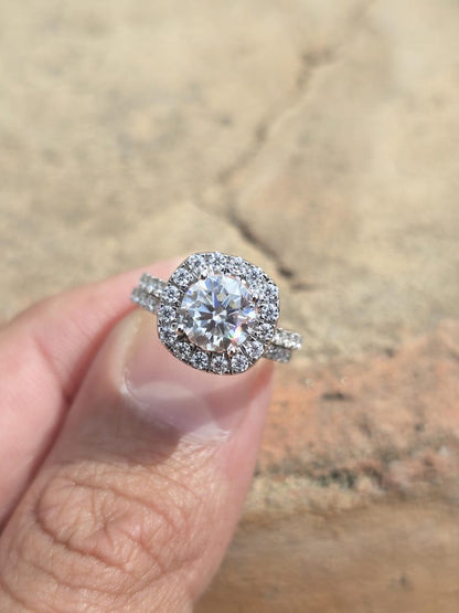 Round Cut Moissanite Cushion Halo Engagement Ring Set - Pavé Band Bridal Set