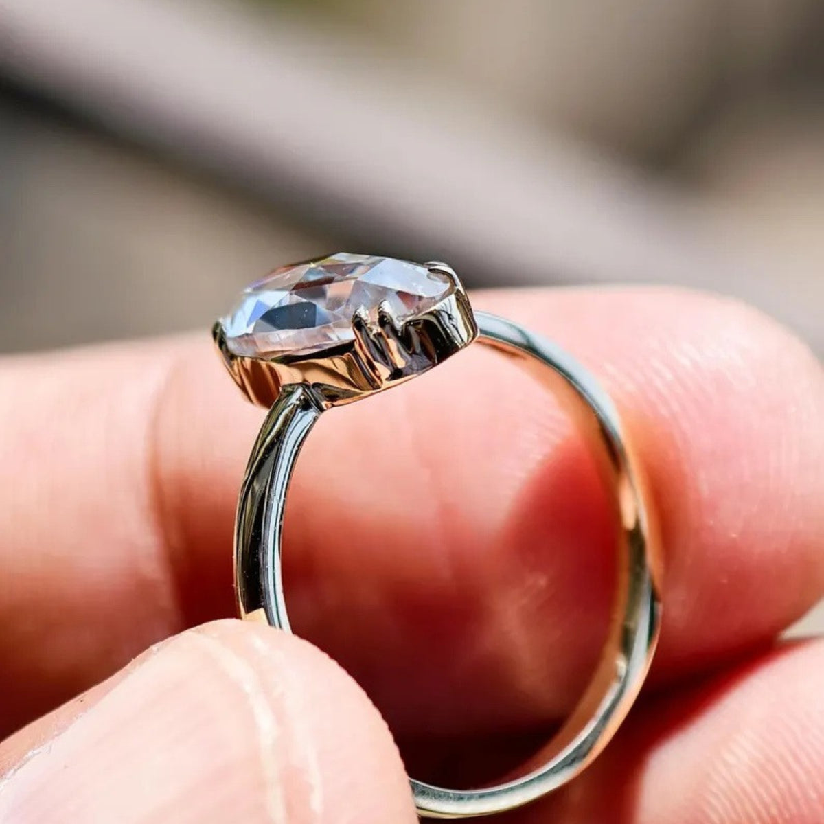 Antique Rose Cut Elongated Oval Moissanite Solitaire Ring in 14K Solid Gold