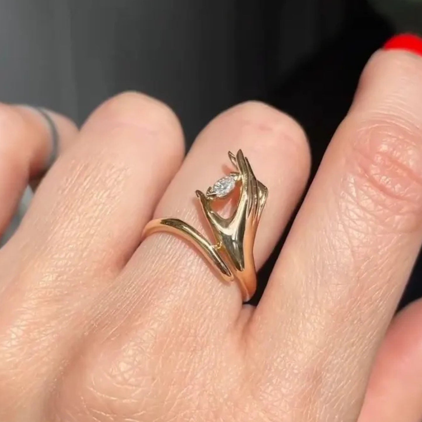 Hand Holding Moissanite Diamond Ring, Unique Marquise Cut Engagement Ring, 14k Gold Ring Statement Ring, Open Band Ring, Wedding Gifts.