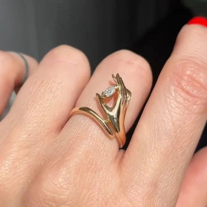 Hand Holding Moissanite Diamond Ring, Unique Marquise Cut Engagement Ring, 14k Gold Ring Statement Ring, Open Band Ring, Wedding Gifts.