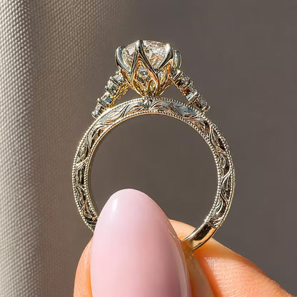 Vintage Marquise Moissanite Ring, Celestial Engraved Hidden Halo Solitaire