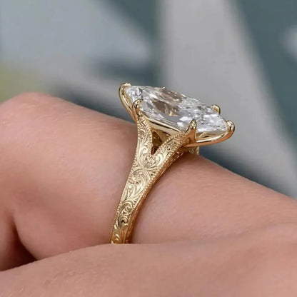 Vintage 3CT Dutch Marquise Moissanite Diamond Engagement Ring,14K Solid Gold Promise Ring, Hand Engraved Split Shank Wedding Ring For Her