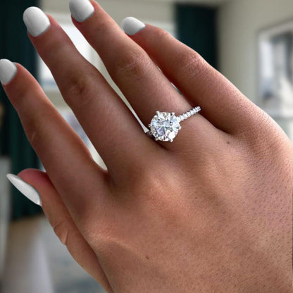 Six Prong Round Cut Moissanite Engagement Ring - Cathedral Pavé Band Solitaire Ring