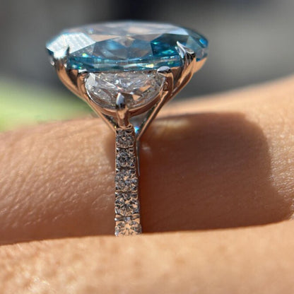 4 CT Blue Oval Lab Grown Three Stone Diamond  Engagement 14K Gold Pave Ring