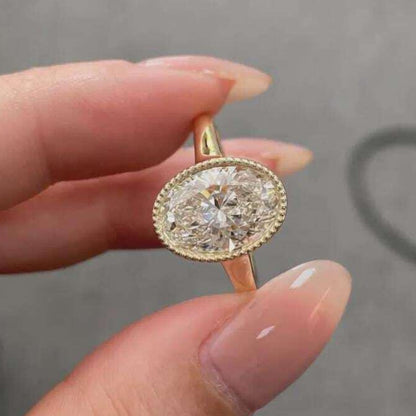3CT Oval Moissanite Engagement Ring, Bezel Set Gold Ring, Minimalist Bridal Jewelry