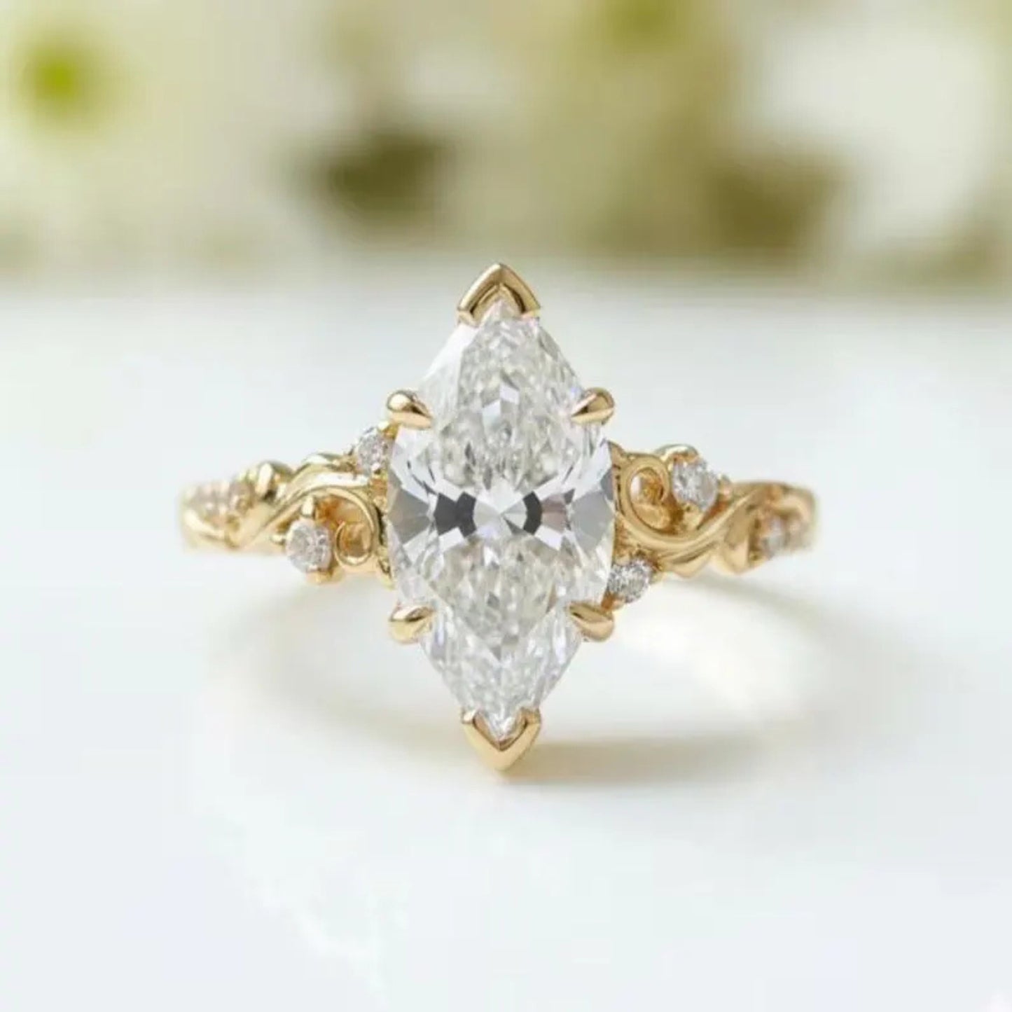 Vintage 2.5 CT Marquise Cut Moissanite Engagement Ring, 18K Solid Yellow Gold Natural Inspired Flower Wedding Ring, Anniversary Ring For Women