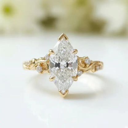 Vintage 2.5 CT Marquise Cut Moissanite Engagement Ring, 18K Solid Yellow Gold Natural Inspired Flower Wedding Ring, Anniversary Ring For Women