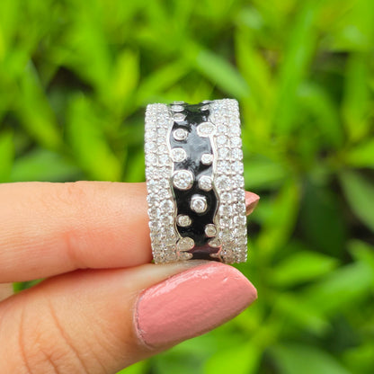 Black Enamel Wide Band Ring, Unique Pave Diamond Cluster Wedding Ring, Heavy Silver Promise Band, Art Deco Style Cocktail Ring For Her
