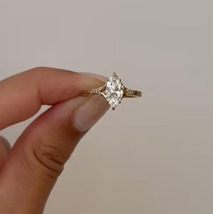 3CT Marquise Cut Moissanite Engagement Ring Vintage Hand Engraved Gold Band