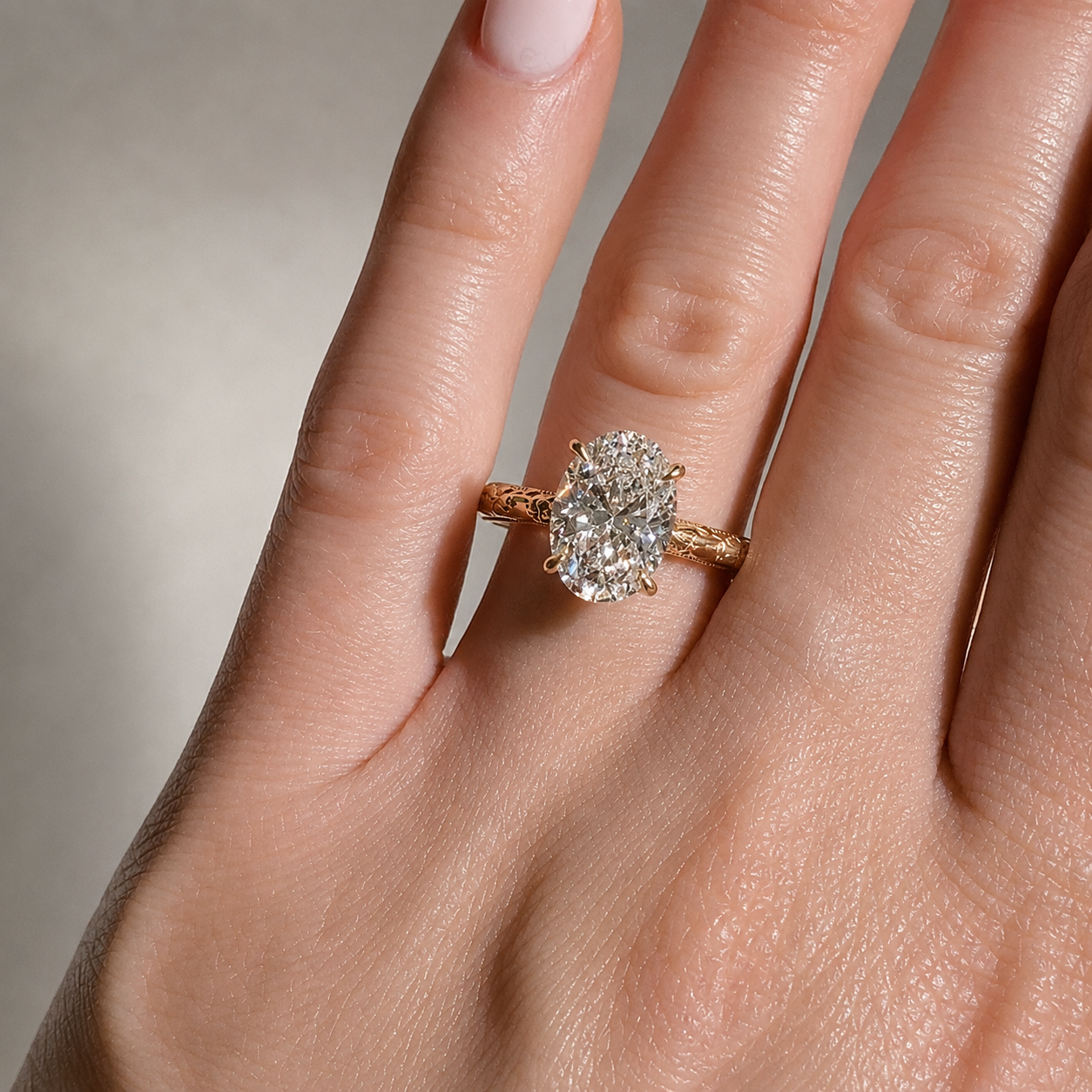 Vintage Floral Oval Moissanite Engagement Ring - Intricate Milgrain Hidden Bridge Gold Ring