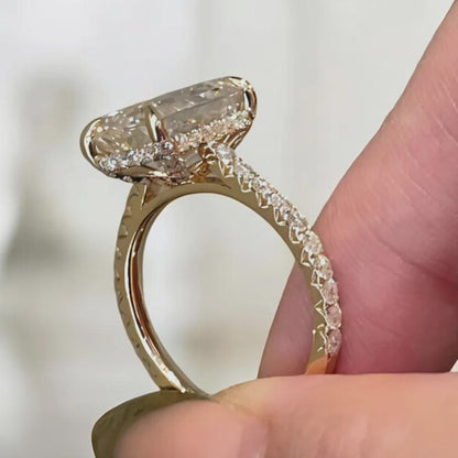 5CT Emerald Cut Moissanite Engagement Ring Hidden Halo Emerald Cut Promise Ring 14K Yellow Gold Emerald Solitaire Ring Anniversary Gift Ring