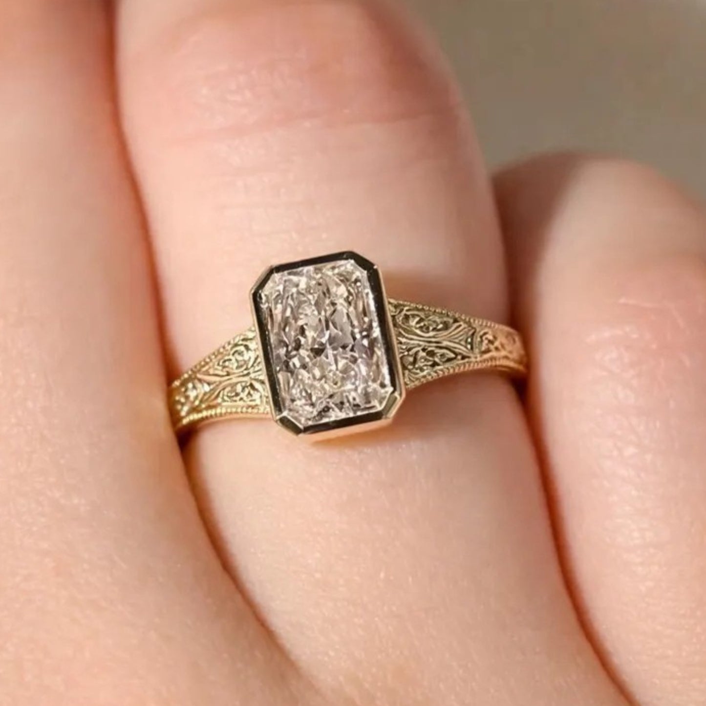 Bezel Set Radiant Moissanite Engagement Ring Vintage14K Solid Gold Promise Ring Hand Engraved Wedding Band Ring For Women