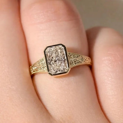Bezel Set Radiant Moissanite Engagement Ring Vintage14K Solid Gold Promise Ring Hand Engraved Wedding Band Ring For Women