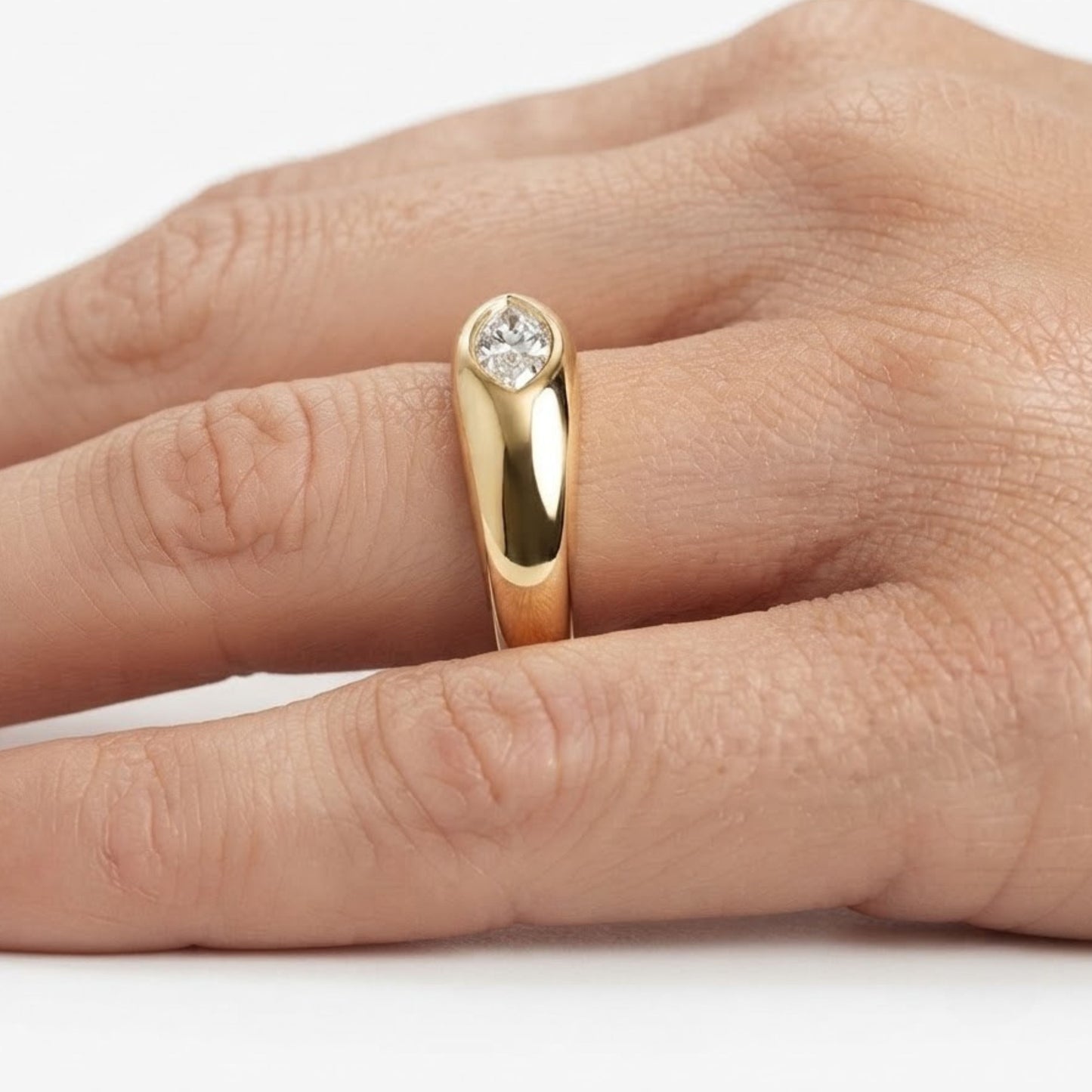 East West Marquise Moissanite Dome Ring in Solid 14k Gold Bezel Statement Ring for Women, Chunky Pinky Signet, Handmade Jewelry