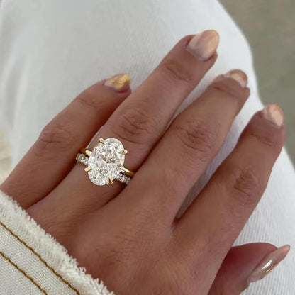 3CT Oval Moissanite Hidden Halo Ring Set Plain Gold Band