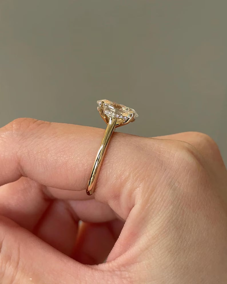Oval Moissanite Hidden Halo Ring Marquise Accent Band