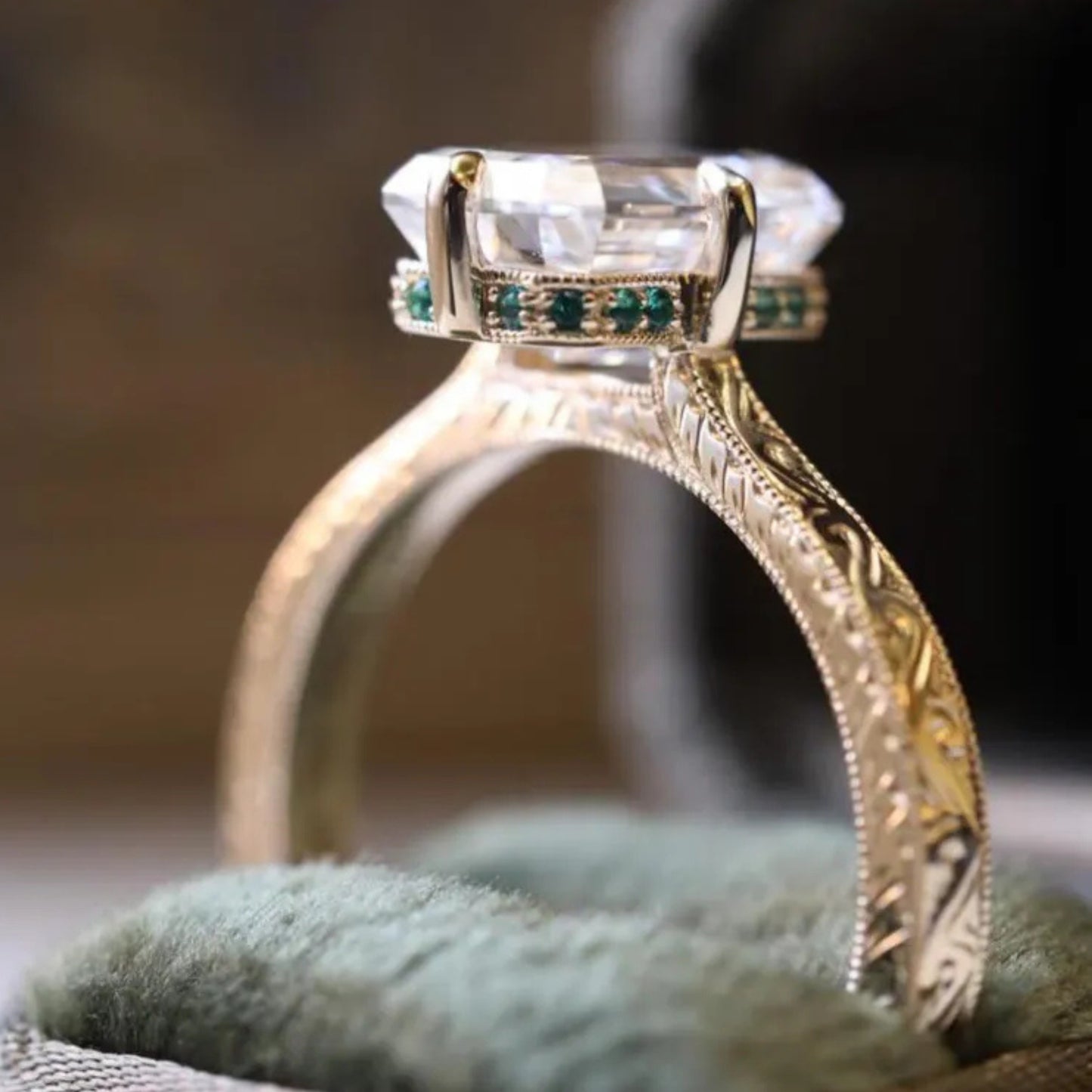 Vintage 3CT Emerald Cut Moissanite Engagement Ring 14K Solid Gold Ring With Engraved Band Antique-Inspired Solitaire Bridal Set Ring for Her