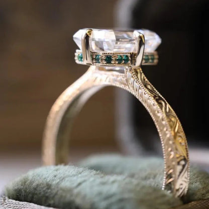 Vintage 3CT Emerald Cut Moissanite Engagement Ring 14K Solid Gold Ring With Engraved Band Antique-Inspired Solitaire Bridal Set Ring for Her