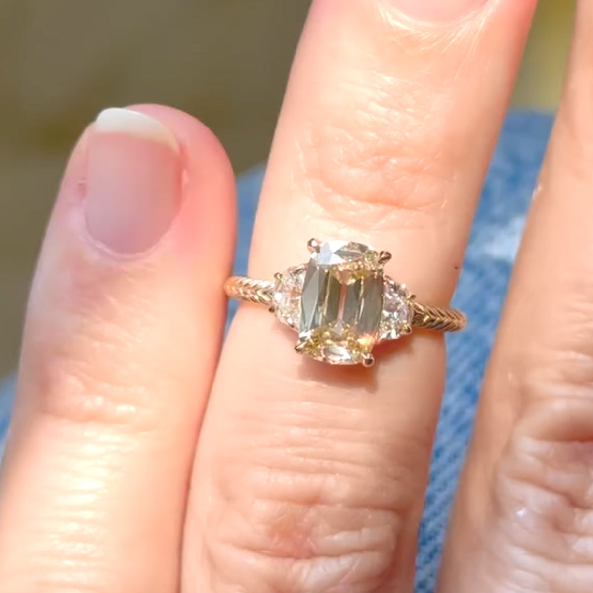 Champagne Cushion Cut Moissanite Engagement Ring in Vintage Engraved Gold