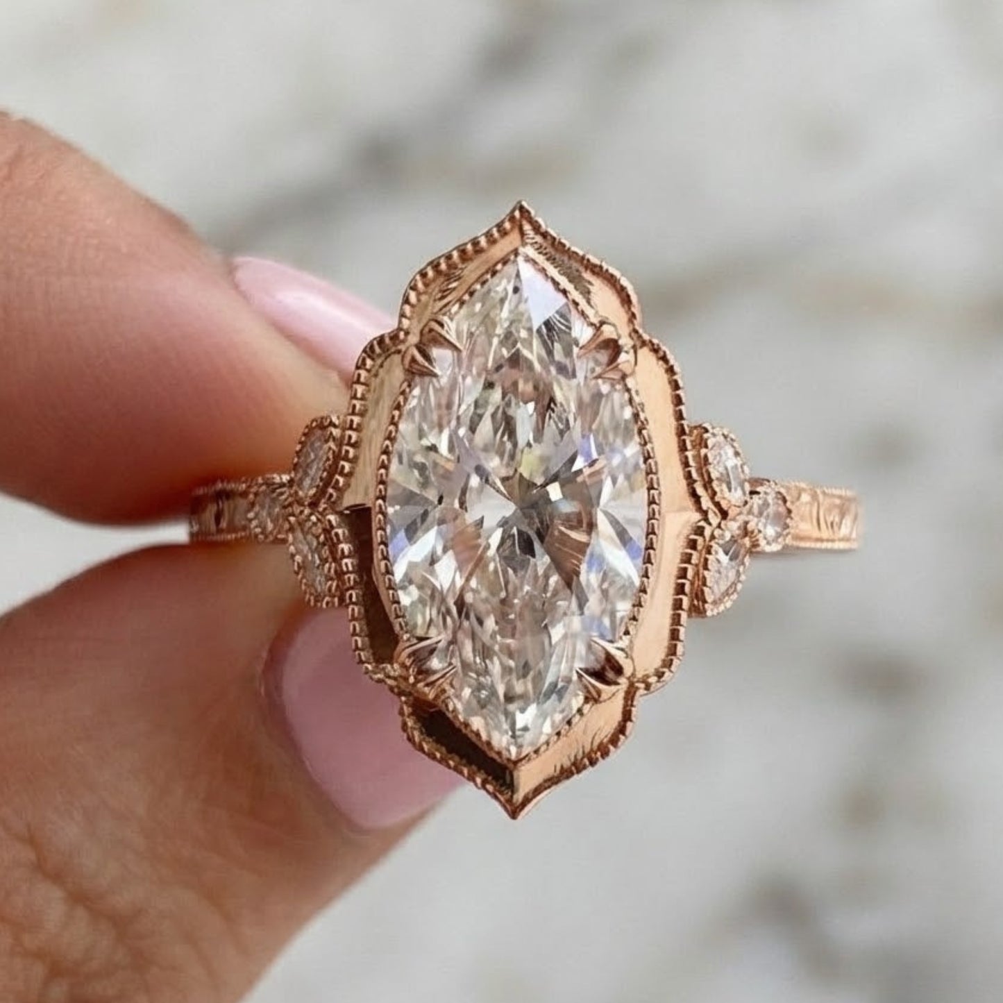 3 CT Marquise Cut Moissanite Engagement Ring Vintage Milgrain 14K Yellow Gold Halo Solitaire Ring Art Deco Bridal Jewelry Gift For Her